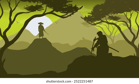 Um Samurai tentando conhecer seu mestre - belo papel de parede de silhueta de paisagem 2D