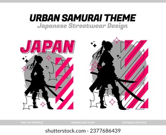 samurai t-shirt design. Japanese streetwear t-shirt design. Japanese theme streetwear. samurai  streetwear t-shirt design. silhouette samurai.