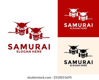 Samurai Twin with oni mask logo, Japanese Warrior Samurai Knight logo design template