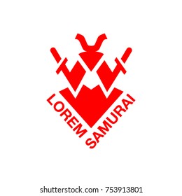 Samurai and two swords behind him. Red abstract geometric emblem template.