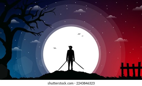 samurai with two swords. urban samurai boy anime wallpaper. samurai boy with oni mask on head. 