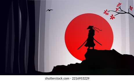 samurai with two swords walpaper. samurai background. Japanese samurai with a sword. red moon. silhouette of a samurai in the night background. japanese theme.