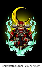 Samurai under the moon vector illustration for shirt printing design.