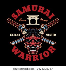 Samurai vector colored emblem, badge, label on dark background