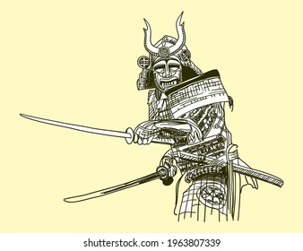 Ilustración vectorial de Samurai. ninja en blanco y negro sobre fondo amarillo.