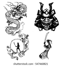 samurai vector, lettering, ink drawing, logo