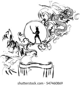 samurai vector, lettering, ink drawing, logo