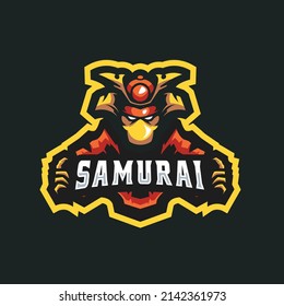 Samurai Vektormascot Logo-Design mit modernem Illustrationsstil für Abzeichen, Emblem, e Sport-Logo und T-Shirt-Druck. Samurai-Illustration mit Maschinengewehr in der Hand.
