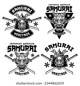 Samurai vector monochrome emblems, badges, labels, logos isolated on white background