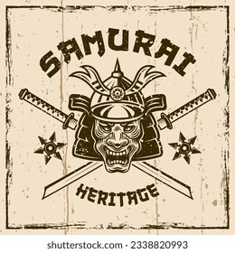 Samurai vector vintage emblem, badge, label, logo on background with removable grunge textures