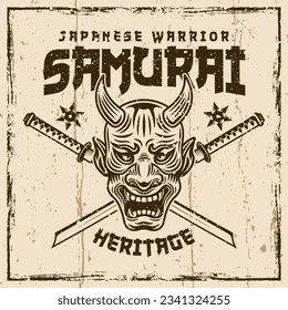 Samurai vector vintage emblem, badge, label, logo on background with removable grunge textures