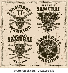 Samurai vector vintage emblems, badges, labels on background with removable grunge textures