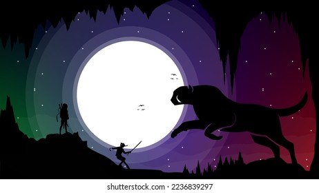 samurai versus tiger monster illustration. fighting Samurai background. Warrior Under Moon Night and Dark Day. urban samurai Japanese warrior.