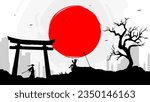 samurai versus witch. witch read the book. red moon illustration background. ronin. samurai wallpaper in torii gate.