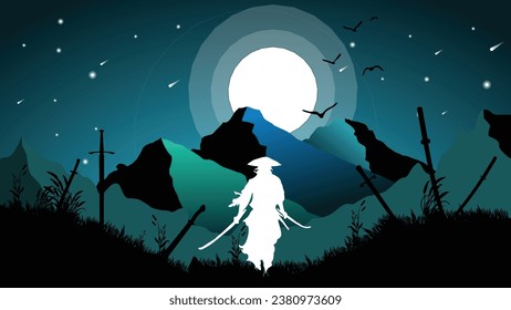 Samurai victory after the war wallpaper 4K desktop. Samurai victory background. sunset vibe and full moon. landscape view illustration vector background