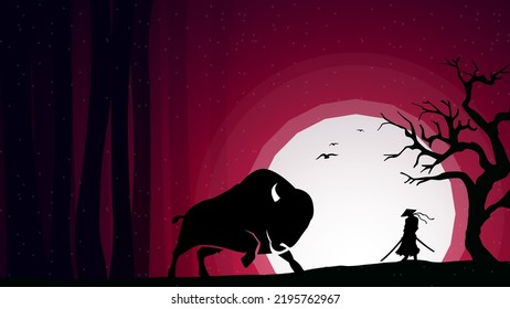 samurai vs bison wallpapers. silhouette of a samurai in the night background. Japanese samurai warrior with a sword. Samurai walpaper. japan theme background. full moon walpaper. bison walpaper.