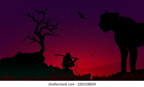 samurai vs cheetah wallpapers. silhouette of a samurai in the night background. Japanese samurai warrior with a sword.