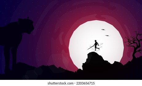 samurai vs cheetah wallpapers. sword mage fighting cheetah at night. Samurai with full moon walpaper. wizard swordsman. full moon illustration background