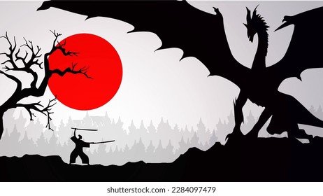 samurai vs dragón. dragón de lucha samurai con papel tapiz de luna roja. luna roja. caballero con espadas contra el dragón. caballero con espadas luchando con dragón. papel tapiz de fantasía. 