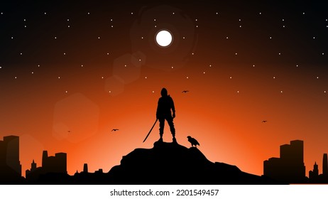 Samurai walpaper. silhouette of a samurai in the night background. Japanese samurai warrior with a sword. japan theme background. 