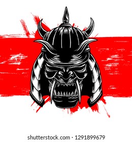 Samurai War Helm Armor, Splat Brush Background, Hand Drawn