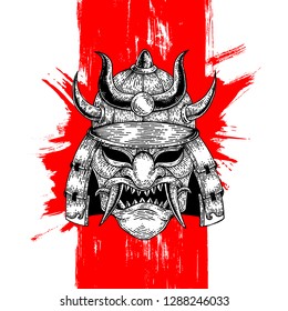 Samurai War Helm Illustration, Brush effect background, Isolated Vrctor