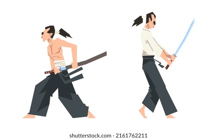 Samurai warrior in action set. Aggressive asian fighter with katana sword cartoon vector illustration