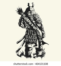 Samurai warrior is back in full military uniform. Vector illustration 