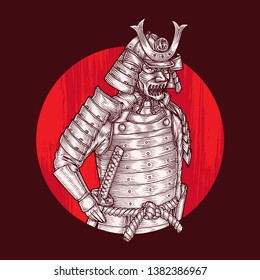 Samurai Warrior Battle Armor, Isolated Vector, Hand Drawn Illustration