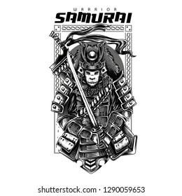 Guerrero de Samurai: Ilustración en blanco y negro