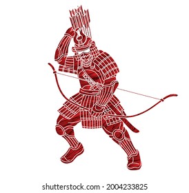 Samurai Warrior with Bow Action Japanese Fighter Archer Cartoon Graphic Vector