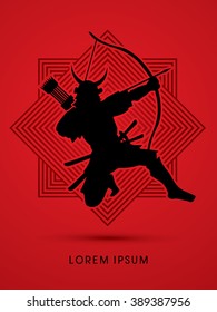 Samurai Warrior with bow, designed on line square background graphic vector.
