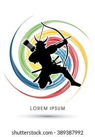 Samurai Warrior with bow, designed on colorful spin wheel background graphic vector.