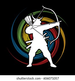 Samurai Warrior with bow designed on spin wheel background graphic vector.