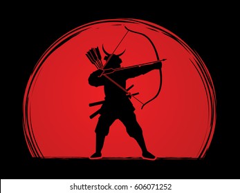 Samurai Warrior with bow designed on sunrise background graphic vector.