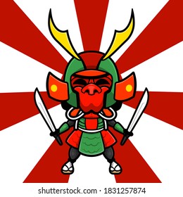 Personajes de la caricatura de Samurai Warrior usando dos espadas katana prepárense para luchar, mejor para pegatinas o decoración para el libro histórico de Niños Japoneses