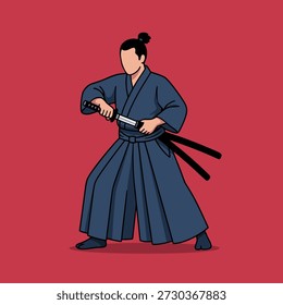 A samurai warrior drawing in a fighting stance, holding a katana sword, with a red background.