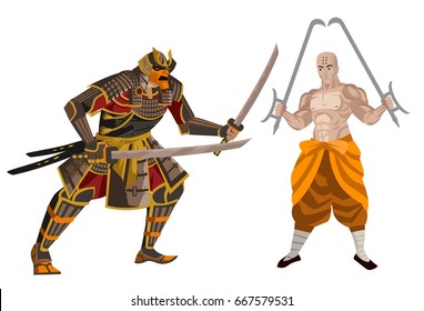 samurai warrior fighting a shaolin monk with hook swords