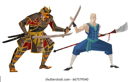 samurai warrior fighting a shaolin monk with naginata blade