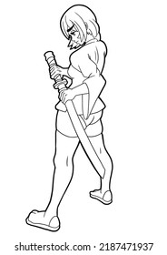 Una chica guerrera samurai se destaca sacando una katana de un scabbard, dibujada en un estilo de caricatura de anime japonés y cómics de manga, lleva puesto un kimono y un libro de colorear dibujos con contorno de medias