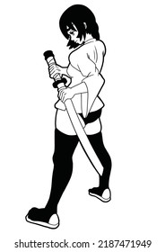 A samurai warrior girl stands pulling out a katana from a scabbard, drawn in a cartoon style of Japanese anime and manga comics, she is wearing a kimono contour drawing coloring book with shadows