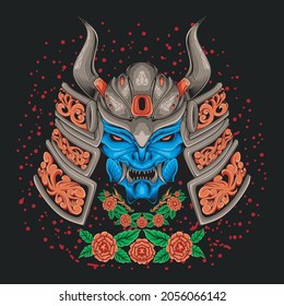 Samurai warrior head with flowers
