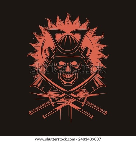 Samurai Warrior Head Skull with Four Katana Silhouette Vector Design