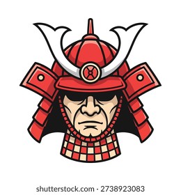 Samurai warrior helmet with horns and checkered neck guard red and white armor fierce expression isolated on white background