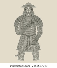  Samurai Warrior Holding sword, Vintage engraving drawing style illustration