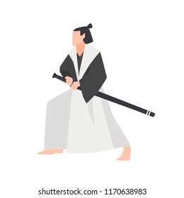 Samurai warrior isolated on white background. Brave Japanese knight wearing kimono, standing in fight position and holding katana sword. Colored vector illustration in flat cartoon style for logotype.