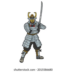 Samurai warrior with katana sword color sketch engraving vector illustration. T-shirt apparel print design. Scratch board imitation. Black and white hand drawn image.