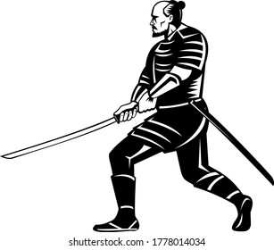 Samurai Warrior With Katana Sword in Fighting Stance Retro Black and White