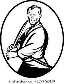 Samurai Warrior With Katana Sword in Fighting Stance Oval Retro Woodcut Retro Black and White
