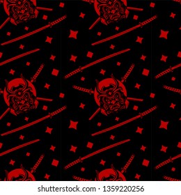 Samurai Warrior With Katana Sword. Pattern Seamless Vector Repeat.